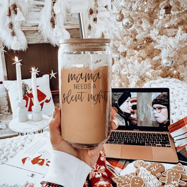 Mama Silent Night 17oz glass tumbler with wood lid and stainless straw, tan beverage on Tampa Home & Garden Store