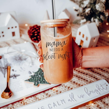 Mama Silent Night 17oz glass cup by Gia Roma with straw on Tampa Home and Garden Store