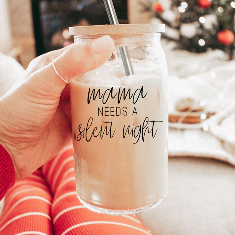 Mama Silent Night 17oz glass cup from Gia Roma, festive drinkware with straw on Tampa Home & Garden Store