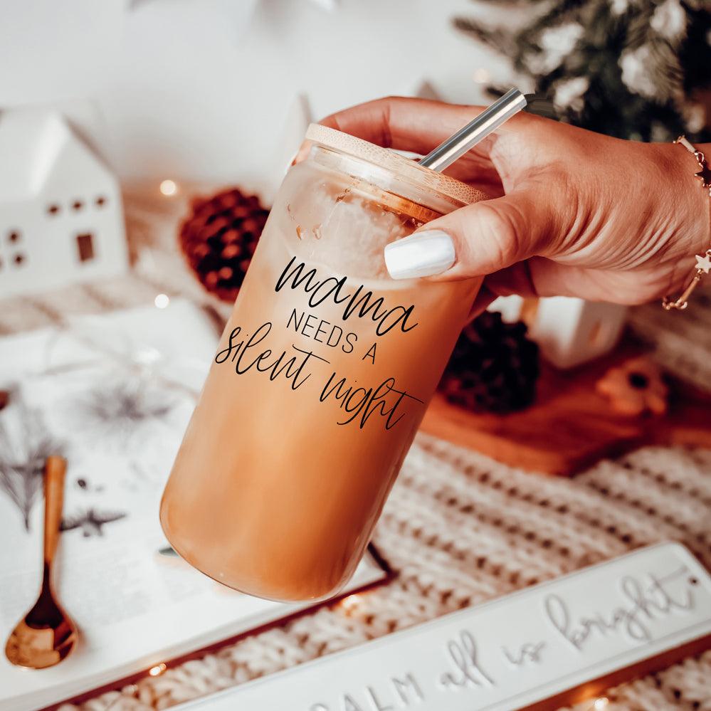 Mama Silent Night 17oz glass tumbler by Gia Roma with lid and straw iced drinkware on Tampa Home & Garden Store