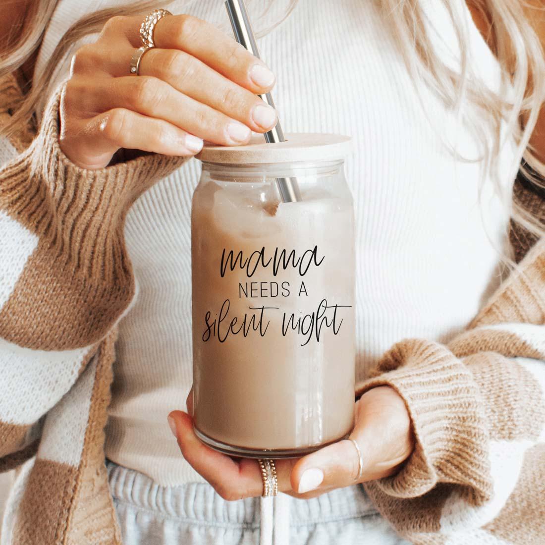 Gia Roma Mama Silent Night 17oz glass cup with lid and metal straw holding iced coffee on Tampa Home & Garden Store