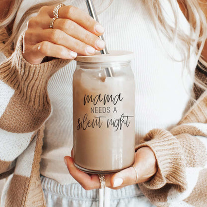 Gia Roma Mama Silent Night 17oz glass cup with lid and metal straw holding iced coffee on Tampa Home & Garden Store