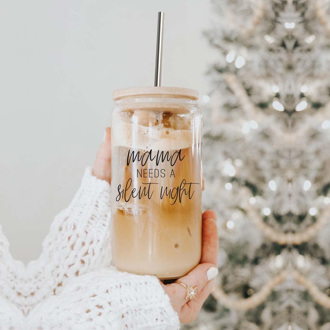 Mama Silent Night 17oz glass tumbler with iced coffee, wooden lid, and metal straw on Tampa Home & Garden Store