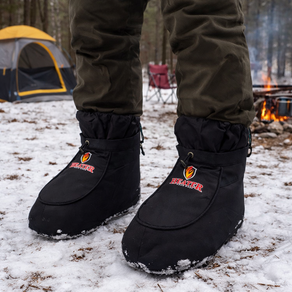 Black Heater boot covers with red logo over winter boots in snow windproof and waterproof on Tampa Home & Garden Store