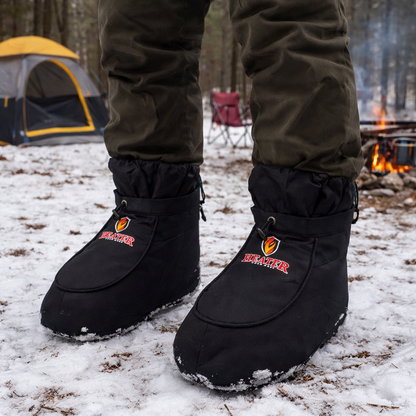Black Heater boot covers with red logo over winter boots in snow windproof and waterproof on Tampa Home & Garden Store