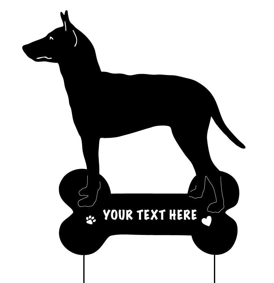 Manchester Terrier garden stake silhouette, black with bone-shaped base and YOUR TEXT HERE on Tampa Home & Garden Store