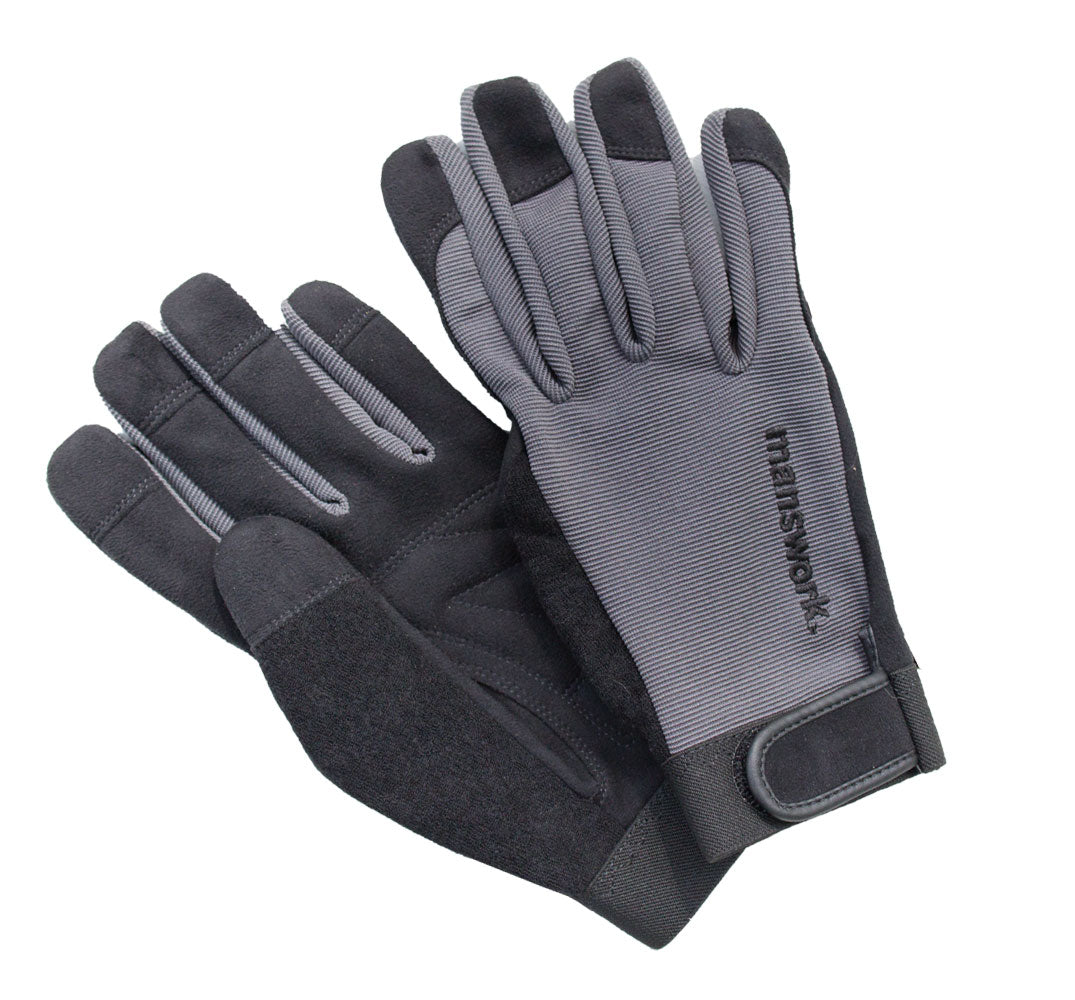 Manswork Performance Gloves pair, black palm with gray back, Velcro strap on Tampa Home & Garden Store