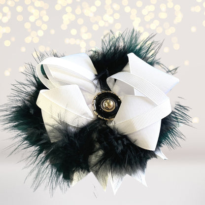 Vegas or Casino themed sleepover kit white bow with black feathers gold centerpiece on Tampa Home & Garden Store