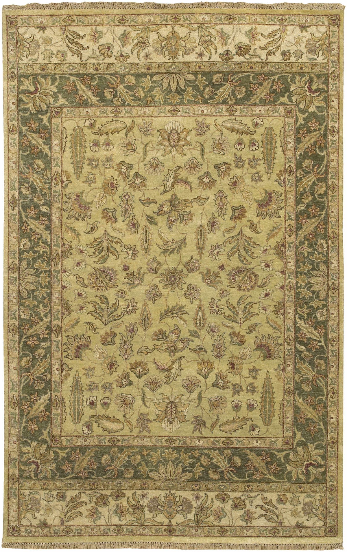 Mariaville area rug beige center with sage border and floral motif fringed ends Boutique Rugs on Tampa Home & Garden Store