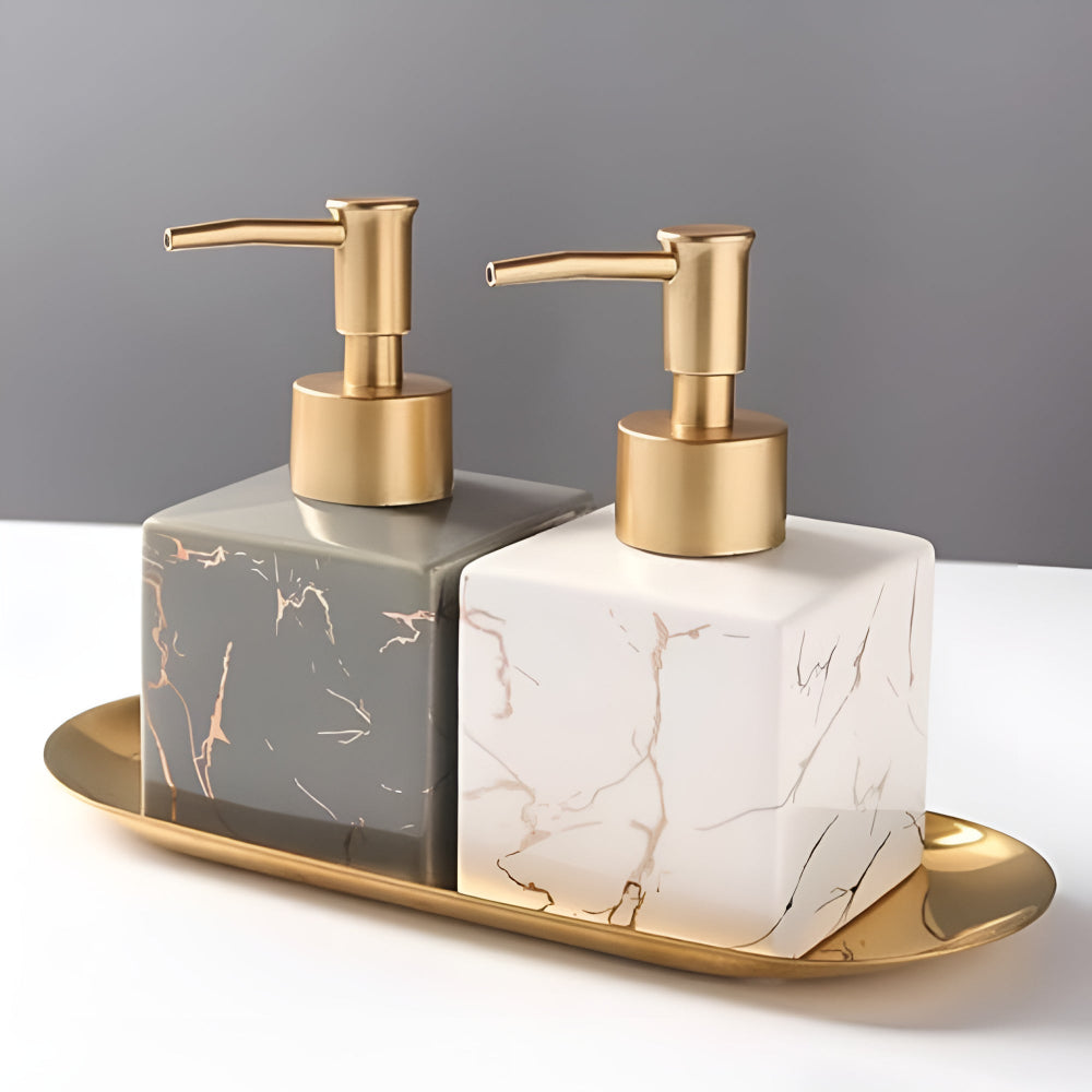 Marble ceramic soap dispensers set (2) with gold pumps on a gold tray by Moktan Sabai on Tampa Home & Garden Store