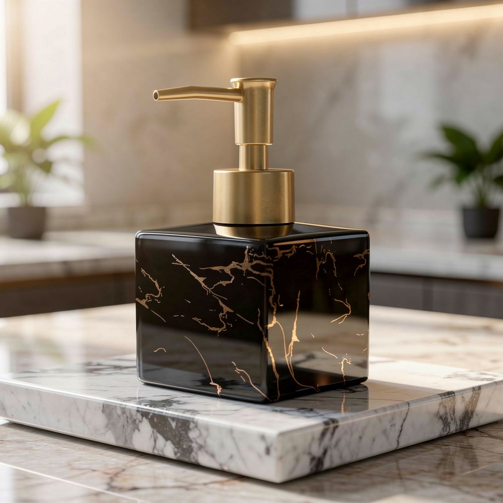 Moktan Sabai marble ceramic soap dispenser with black square body and gold veining on Tampa Home & Garden Store