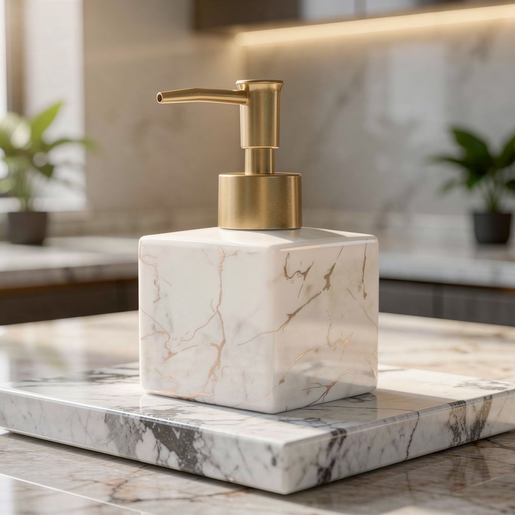 Marble ceramic soap dispenser with gold pump Moktan Sabai on white marble cube on Tampa Home & Garden Store