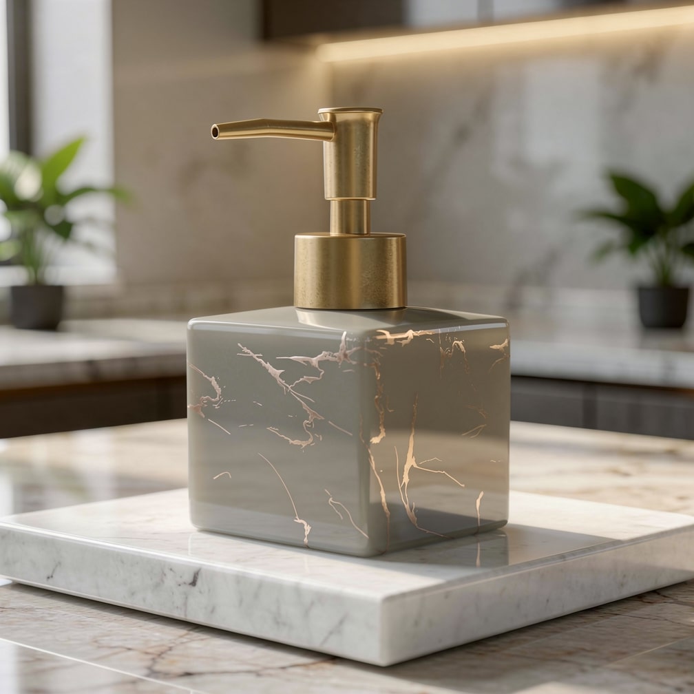Moktan Sabai marble ceramic soap dispenser with brass pump on a gray veined square bottle on Tampa Home & Garden Store