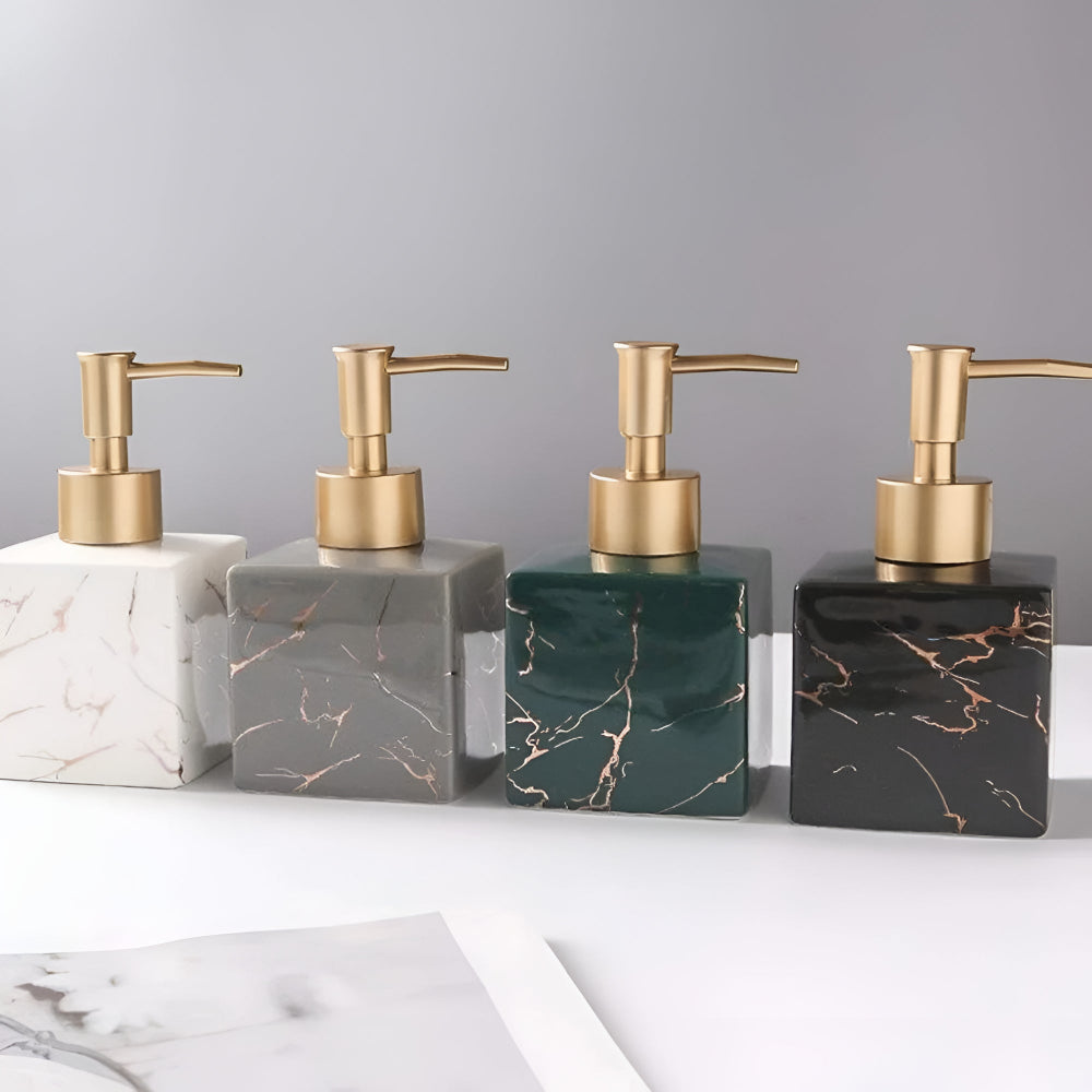 Marble ceramic soap dispenser set of four square blocks with gold pumps Moktan Sabai on Tampa Home & Garden Store