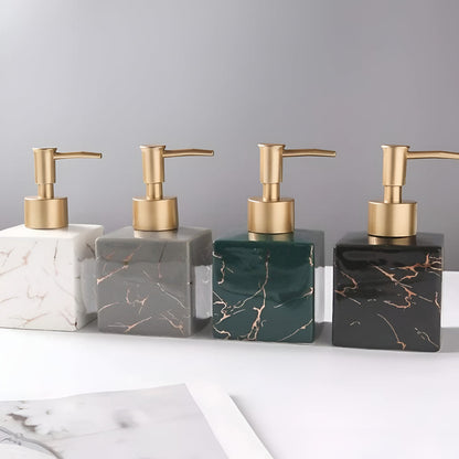 Marble ceramic soap dispenser set of four square blocks with gold pumps Moktan Sabai on Tampa Home & Garden Store