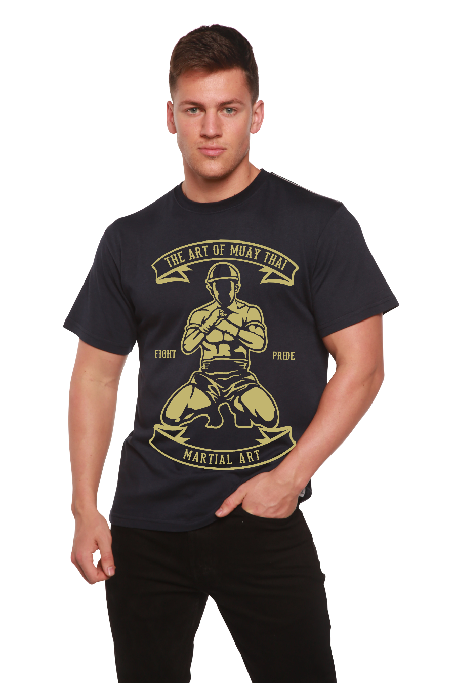 Men's bamboo viscose/organic cotton graphic T-shirt navy with martial art print Spun Bamboo on Tampa Home & Garden Store