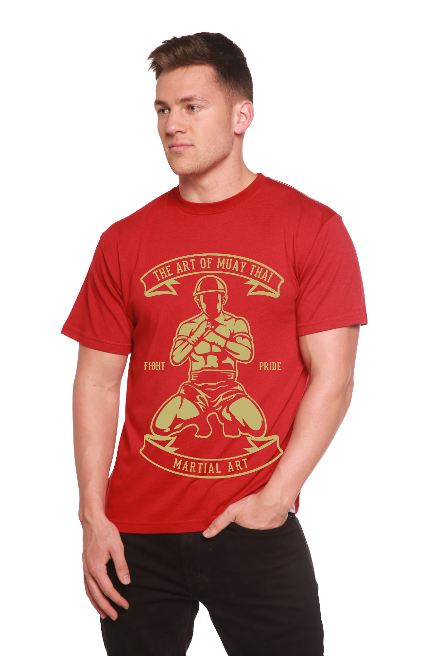 Martial Art men's red graphic T-shirt with Muay Thai fighter, bamboo blend, Spun Bamboo on Tampa Home & Garden Store