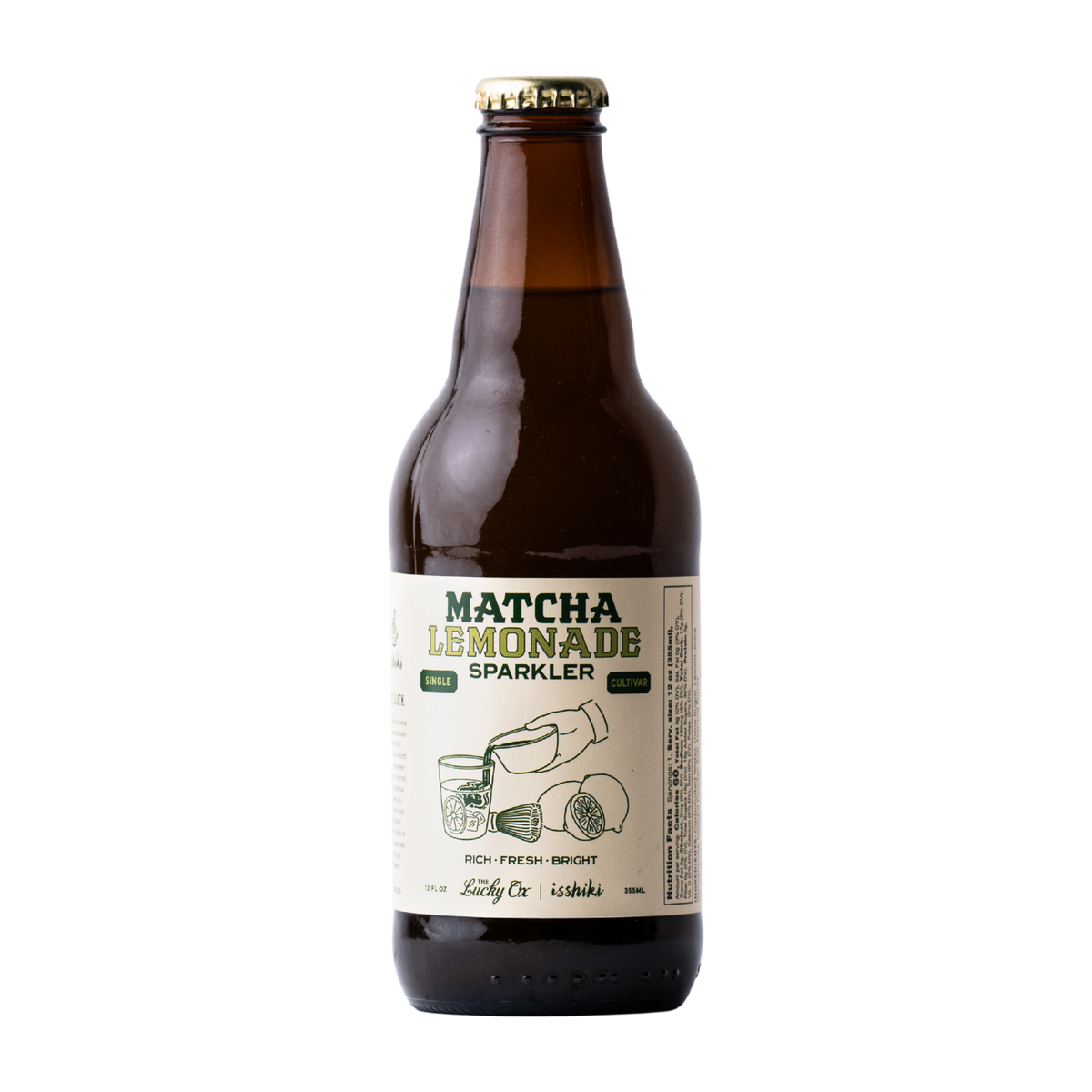Matcha Lemonade Sparkler soda bottle by isshiki matcha The Lucky Ox, brown glass on Tampa Home & Garden Store
