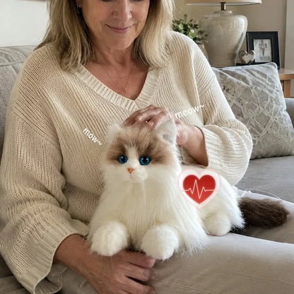 Percy Robot Cat Interactive Plush by Chongker, white/brown fur with blue eyes on Tampa Home & Garden Store