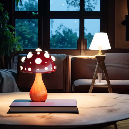 Matsutake Mushroom LED Table Lamp by Moktan Sabai, red with white polka dots on wooden base on Tampa Home & Garden Store