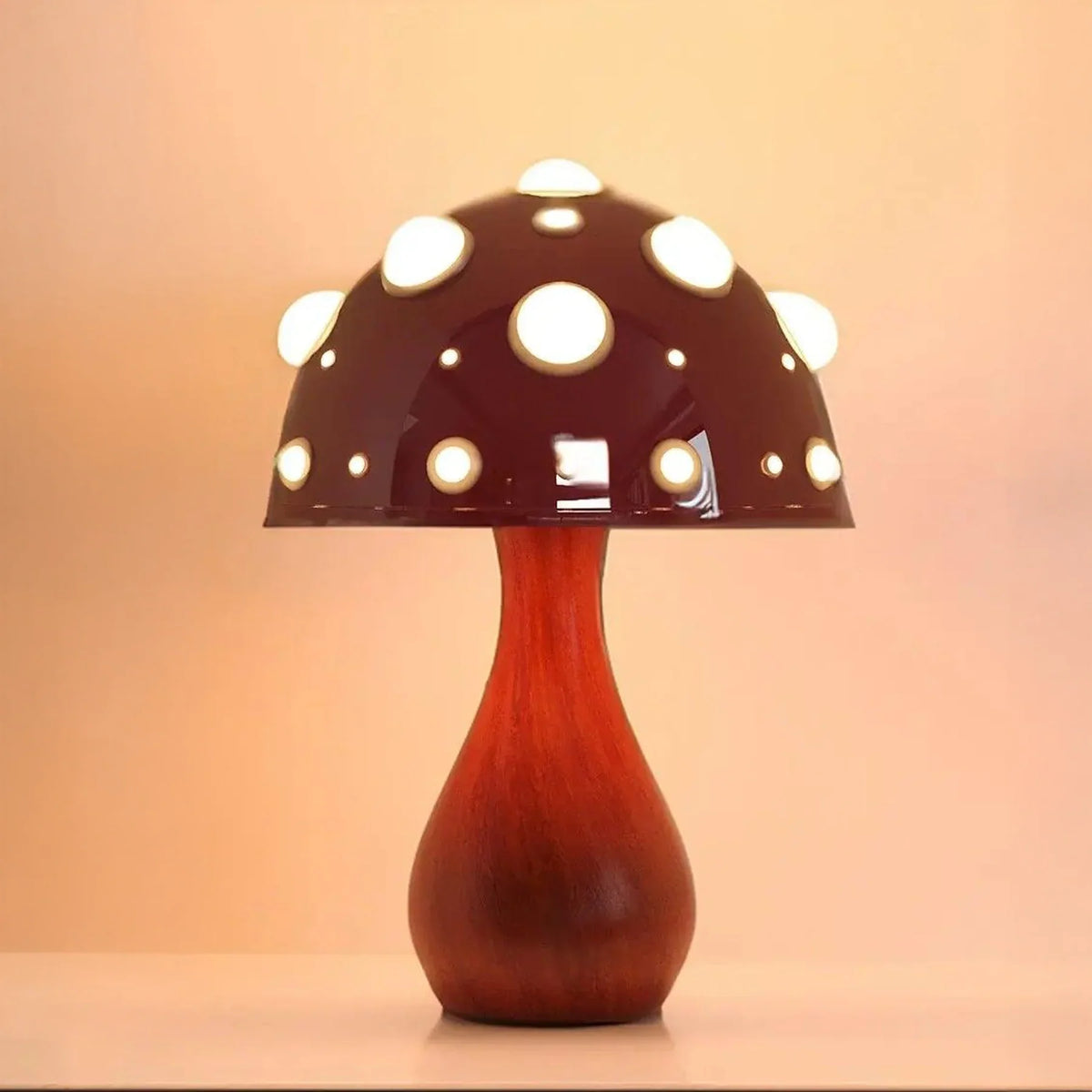 Matsutake Mushroom LED Table Lamp Moktan Sabai, dark brown cap with round LED discs and wooden stem on Tampa Home & Garden Store