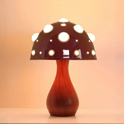 Matsutake Mushroom LED Table Lamp Moktan Sabai, dark brown cap with round LED discs and wooden stem on Tampa Home & Garden Store