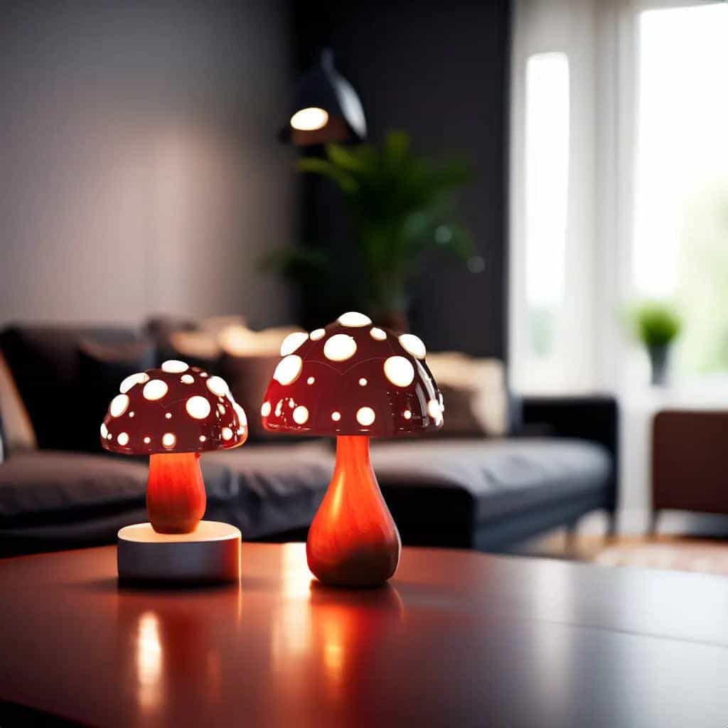 Matsutake Mushroom LED Table Lamp pair Moktan Sabai red glass stems with white spots on Tampa Home & Garden Store