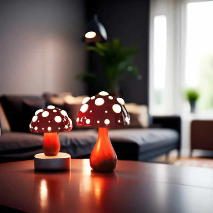 Matsutake Mushroom LED Table Lamp pair Moktan Sabai red glass stems with white spots on Tampa Home & Garden Store