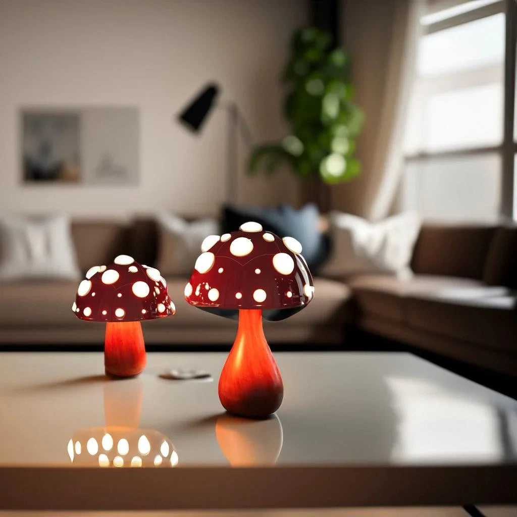 Moktan Sabai Matsutake Mushroom LED Table Lamp pair, red glass mushrooms with white spots on Tampa Home & Garden Store