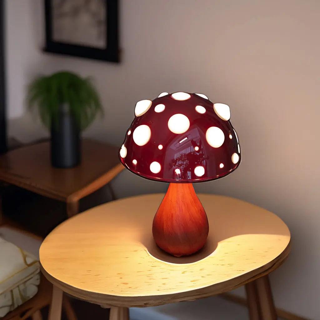 Matsutake Mushroom LED Table Lamp Moktan Sabai, red dotted shade, wooden stem, cordless/corded on Tampa Home & Garden Store