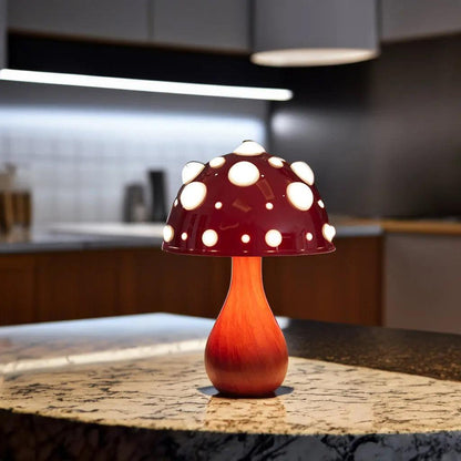 Matsutake LED table lamp by Moktan Sabai, red cap with dots and wooden stem, cordless/corded on Tampa Home & Garden Store