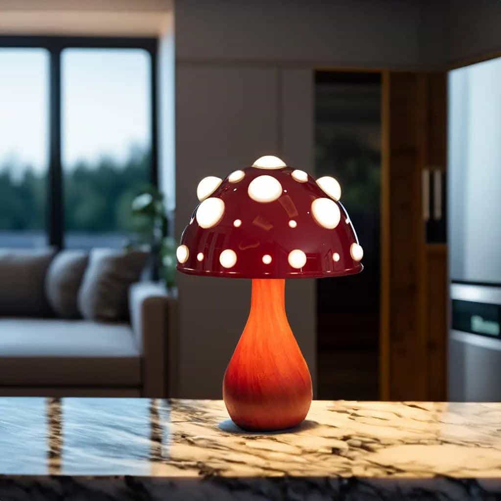 Matsutake mushroom LED table lamp with red cap and white spots, gradient stem on marble table on Tampa Home & Garden Store