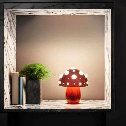Matsutake Mushroom LED Table Lamp Moktan Sabai; red mushroom lamp with dots on marble shelf on Tampa Home & Garden Store