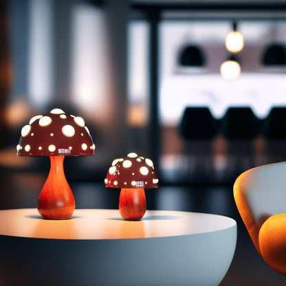 Matsutake Mushroom LED table lamps Moktan Sabai; red dot caps on orange stems on Tampa Home & Garden Store