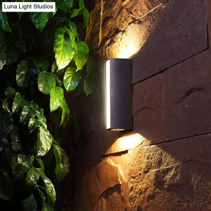 Matte black rectangle outdoor wall light dual-directional LED sconce on wall beside ivy on Tampa Home & Garden Store