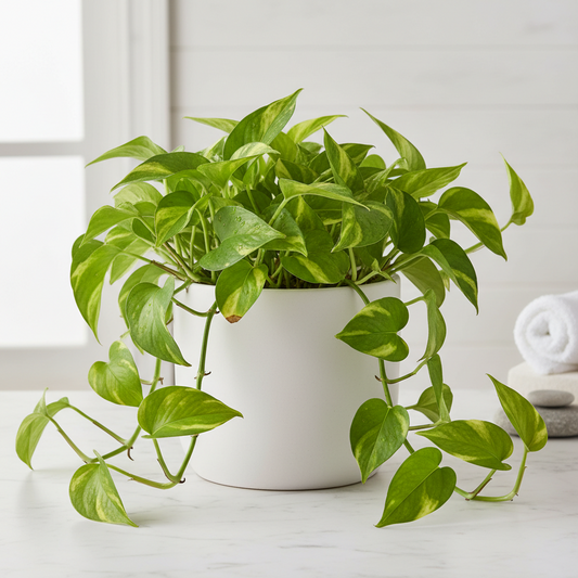 Cylinder pot white ceramic with trailing variegated pothos plant Rooted Treasures Farms on Tampa Home & Garden Store