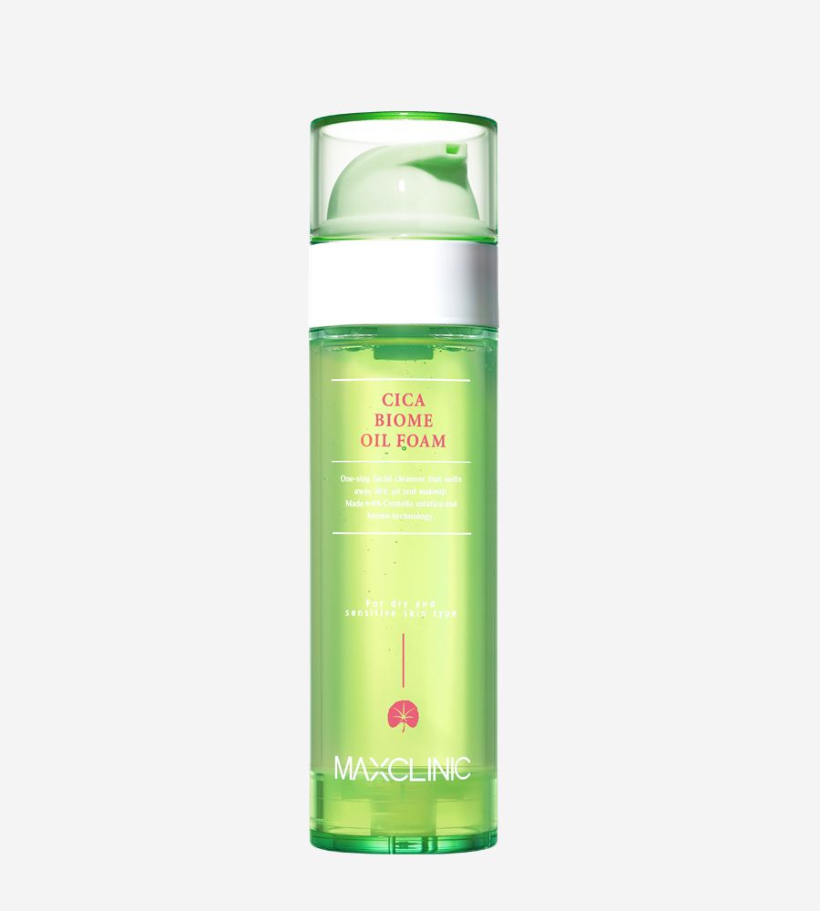 MAXCLINIC Cica Biome Oil Foam cleansing oil in a green translucent bottle with white pump on Tampa Home & Garden Store