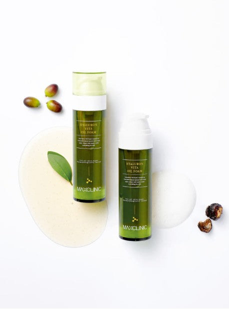 MAXCLINIC Hyaluron Vita Oil Foam cleansing oil bottles, two green bottles with white caps on Tampa Home & Garden Store