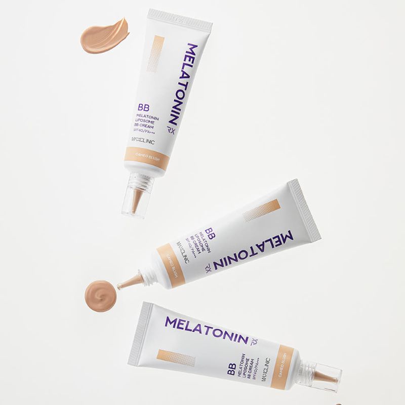 BB Cream MAXCLINIC Melatonin Shot white tubes with purple text beige swatches 3 tubes on Tampa Home & Garden Store