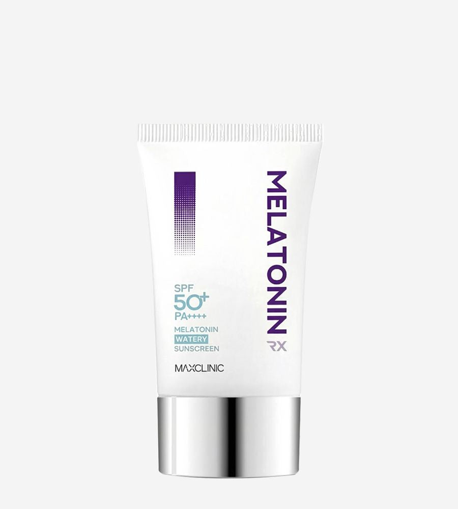 Sunscreen MAXCLINIC Melatonin Shot Watery RX SPF50+ PA++++ 50ml white tube with silver cap on Tampa Home & Garden Store