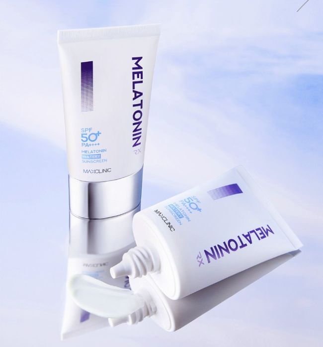 MAXCLINIC Melatonin Shot Watery Sunscreen RX SPF50+ PA++++, 50ml, two white tubes with purple Melatonin branding on Tampa Home & Garden Store