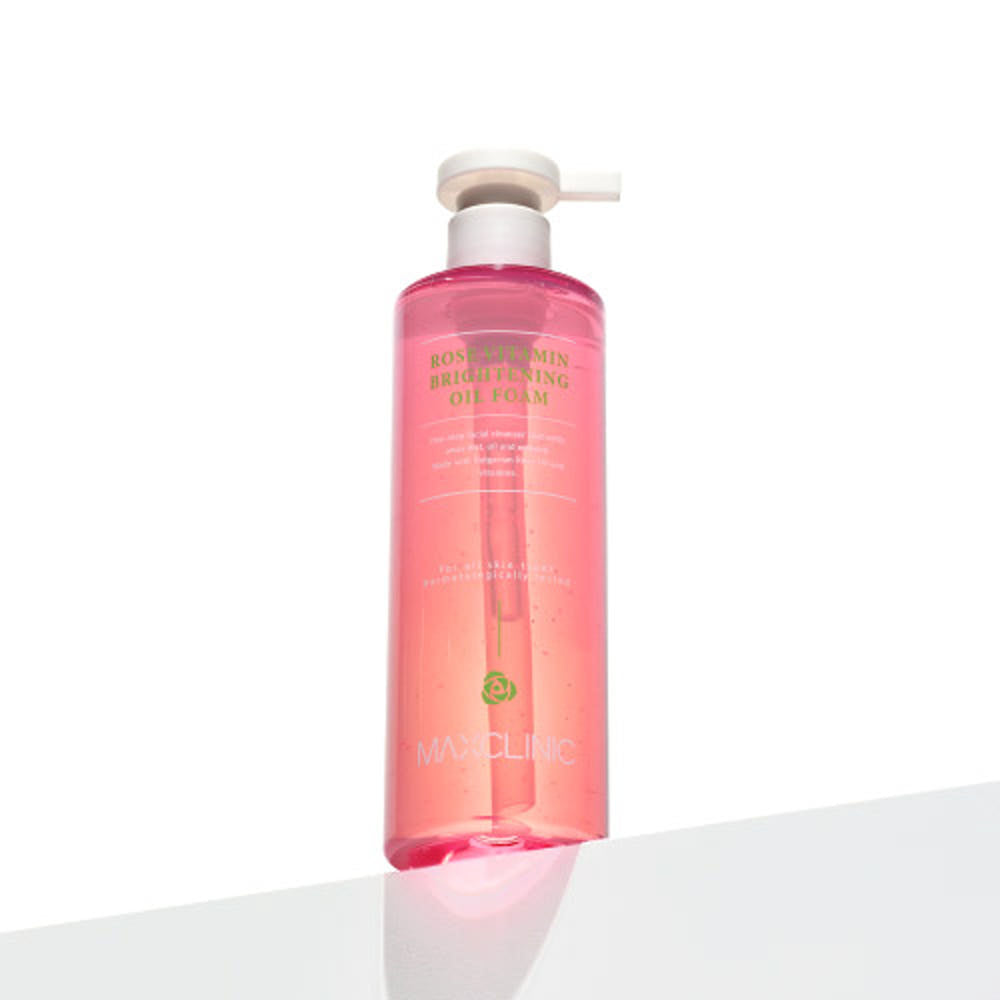 MAXCLINIC Rose Vitamin Brightening Oil Foam Cleansing Oil bottle with pink liquid and pump on Tampa Home & Garden Store