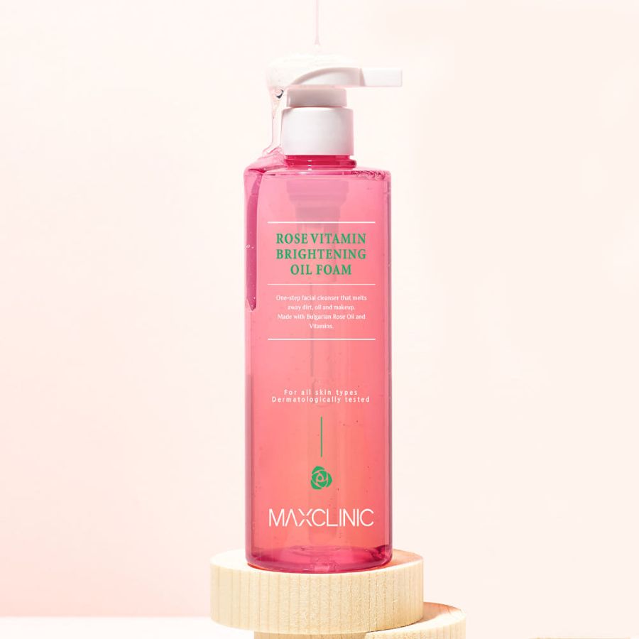 MAXCLINIC Rose Vitamin Brightening Oil Foam cleansing foam bottle with pink liquid and pump on Tampa Home & Garden Store