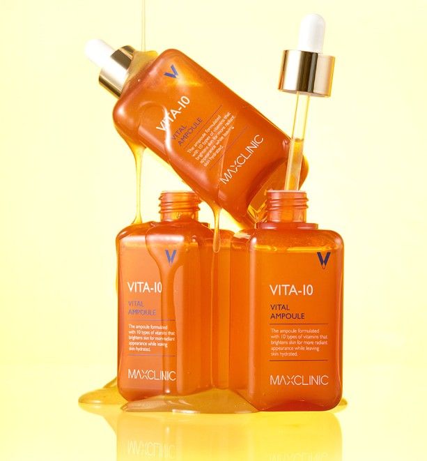 MAXCLINIC Vita-10 Vital Ampoule face serum; three orange ampoules with droppers on Tampa Home & Garden Store