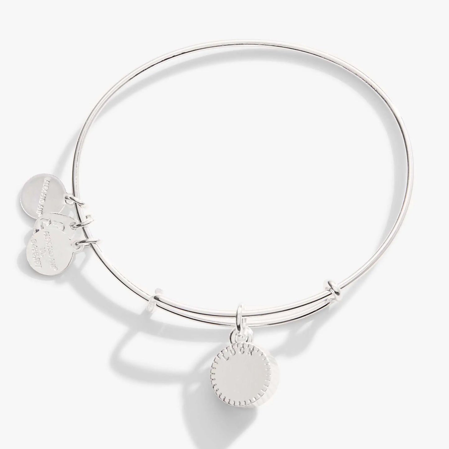 May Birthstone Charm Bangle in silver-tone with emerald charm and ALEX AND ANI disc charms on Tampa Home & Garden Store