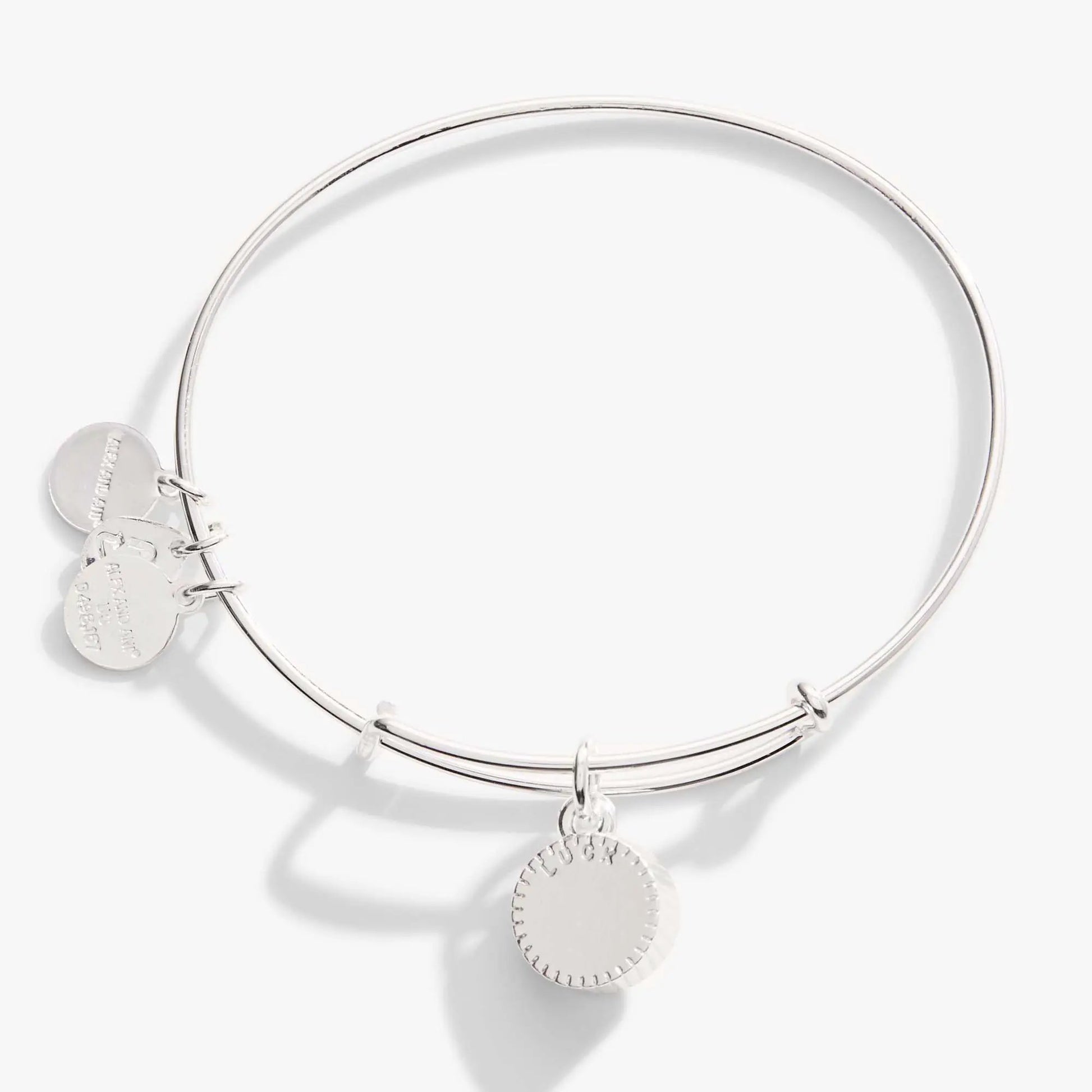 May Birthstone Charm Bangle in silver-tone with emerald charm and ALEX AND ANI disc charms on Tampa Home & Garden Store