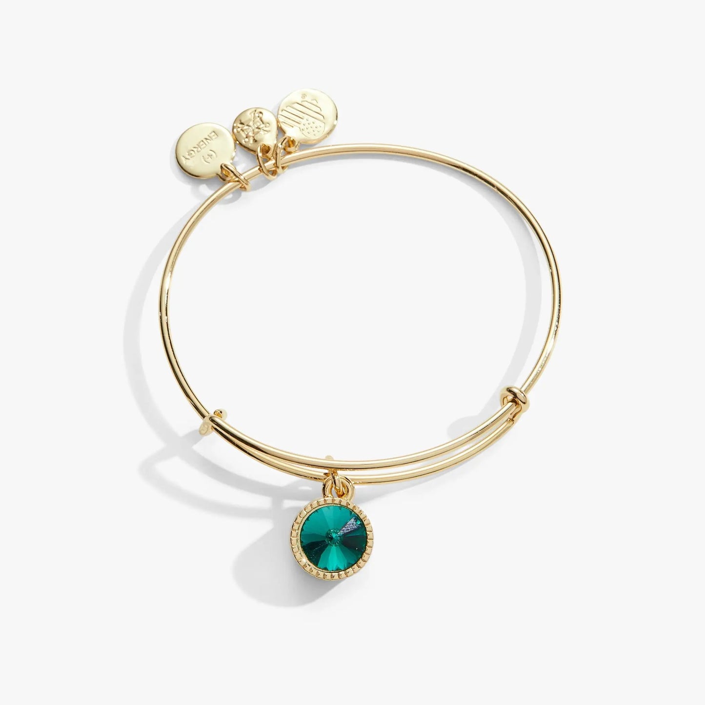 May Birthstone Charm Bangle with emerald pendant and gold disc charms by ALEX AND ANI on Tampa Home & Garden Store