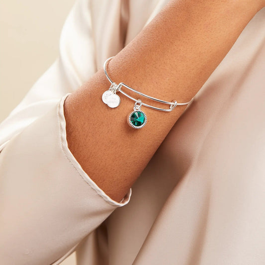 May Birthstone Emerald Charm Bangle by ALEX AND ANI, silver bracelets with emerald charm on Tampa Home & Garden Store