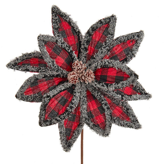 Wool Edged Plaid Poinsettia Pick - 14 Inch - Tampa Home & Garden Store