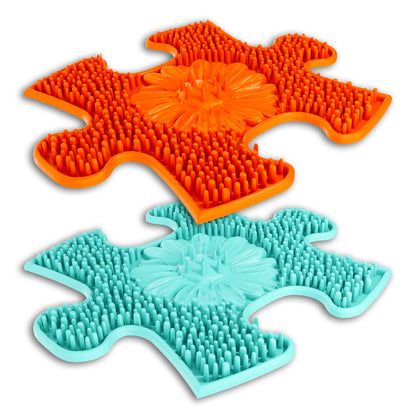 Tots Minis Puzzle Set play mats by TINNITOTS in orange and teal with bristle texture on Tampa Home & Garden Store